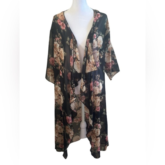 Floral Kimono Robe - Black and Pink - Picture 1 of 4